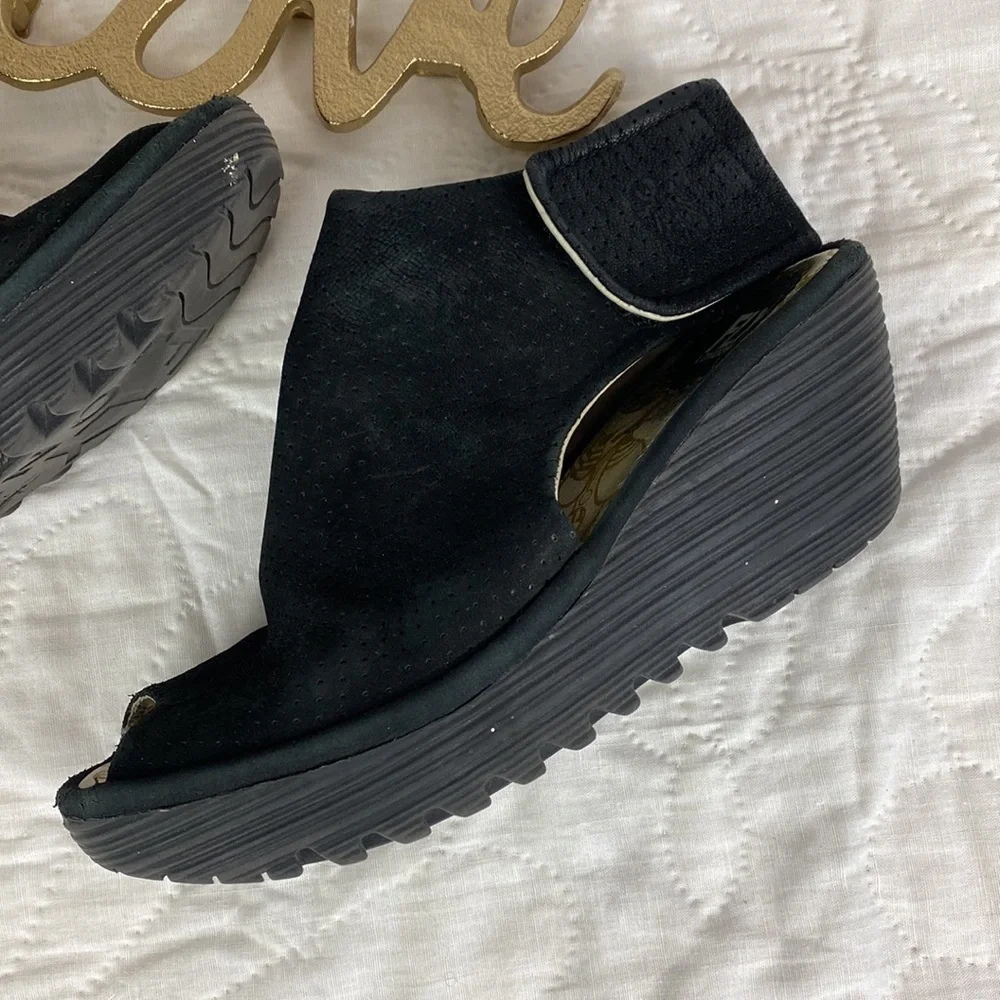 Fly London Yala Perf Suede Open Toe Wedge Sandals - Picture 3 of 10